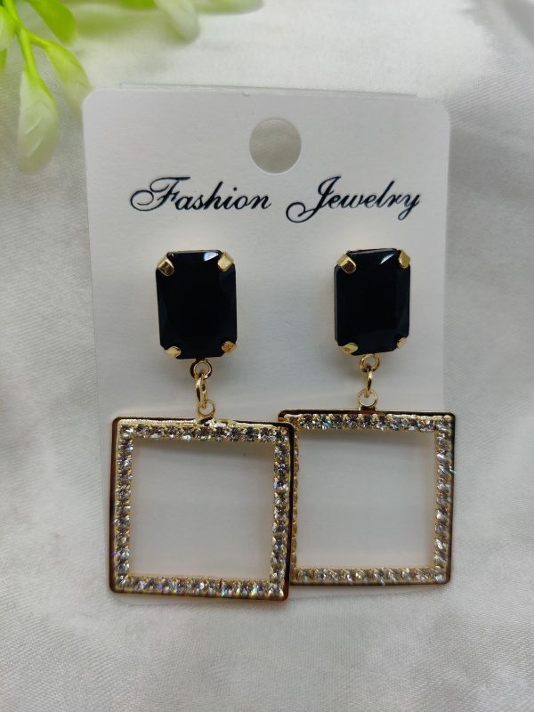 Elegant Square Dangle Earrings With Luxe Black Crystal Top