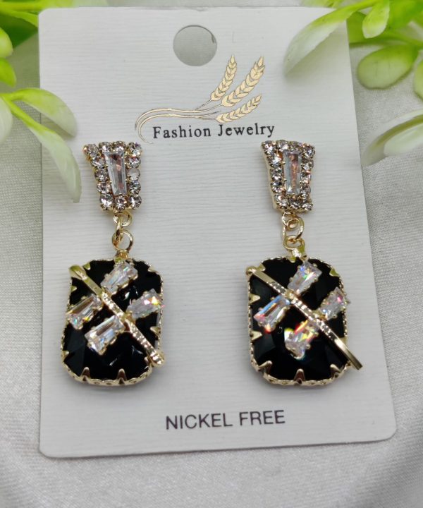 Imported Elegant Black Crystal Earrings With Sparkling Rhinestone Accents