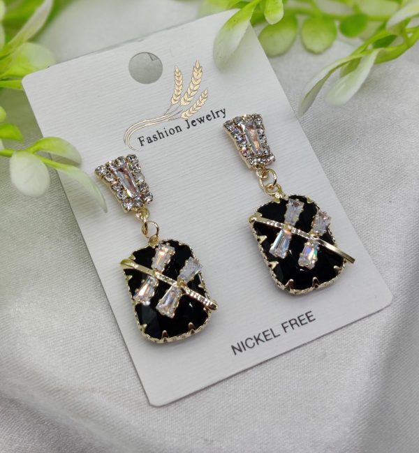 Imported Elegant Black Crystal Earrings With Sparkling Rhinestone Accents