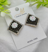 Imported Elegant Floral Stud Earrings With Rhinestone Border